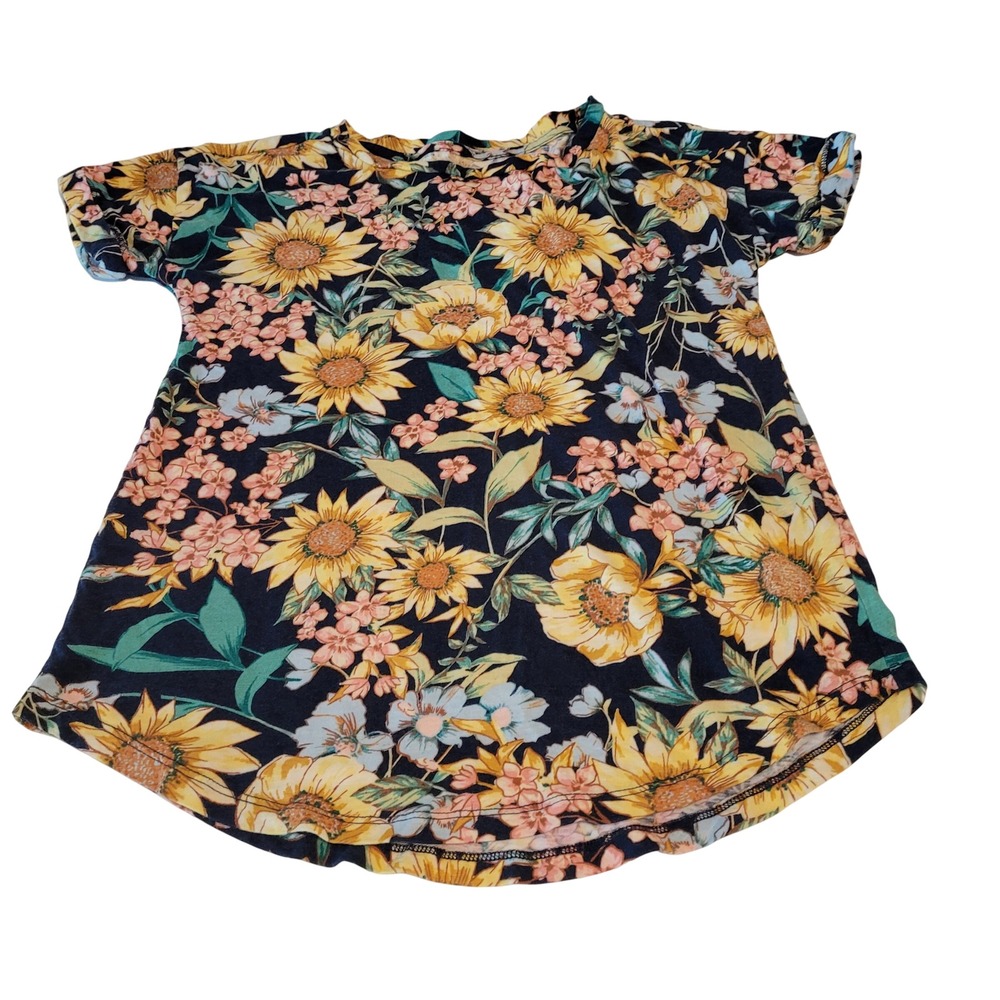 24/7 Comfort Apparel Sunflower Floral Top Womens XS Navy Blue Short Sleeve Tee